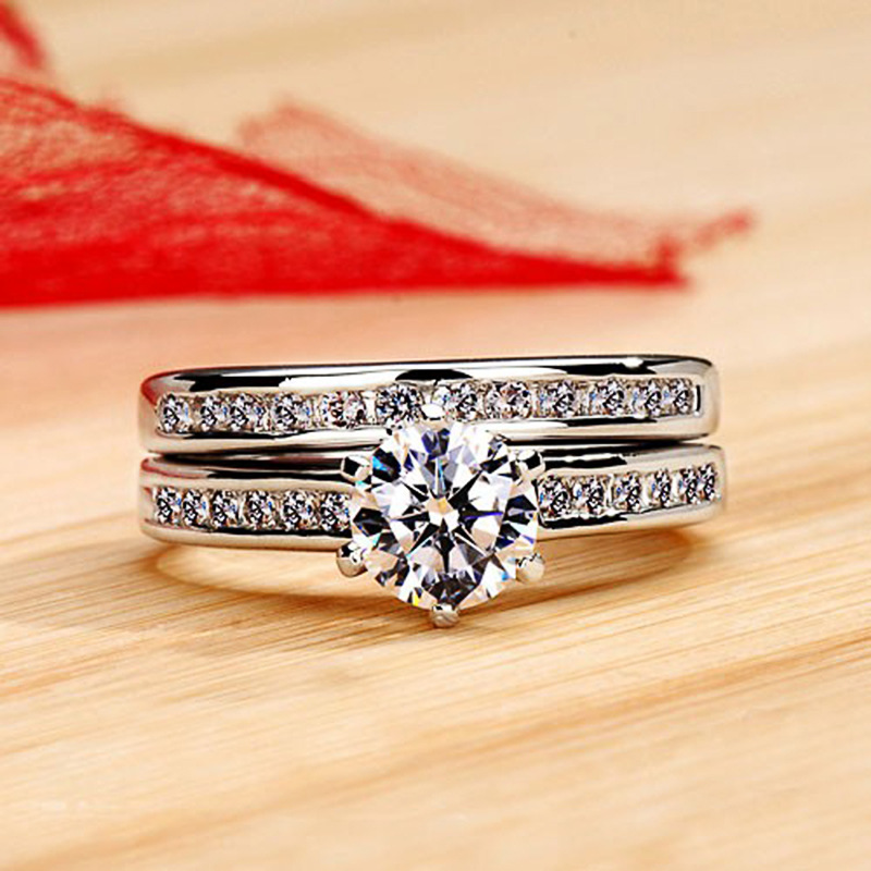 Wholesale Platinum Plated Six Claw Zircon Combination Ring