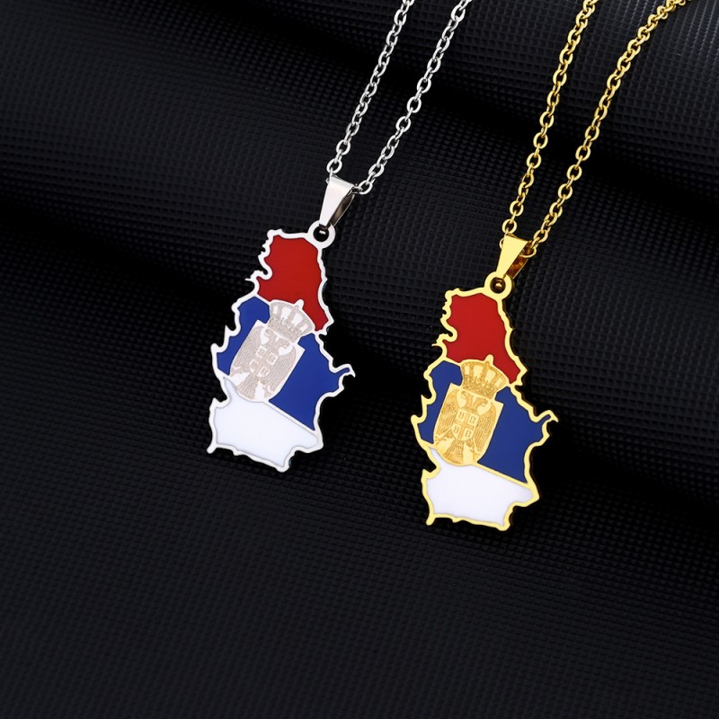 Wholesale Stainless Steel Serbia Eagle Map And Flag Necklace