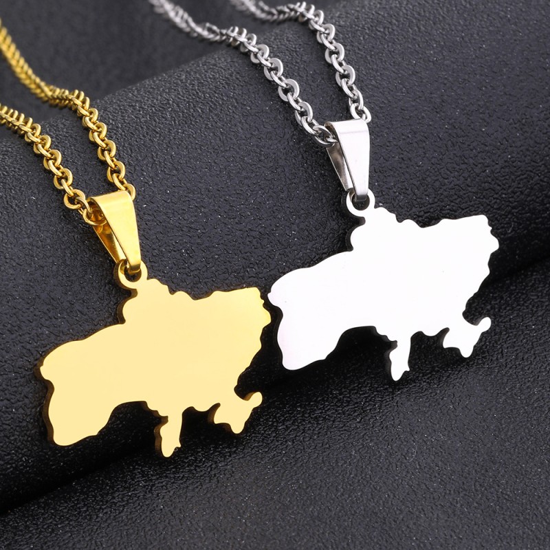 Wholesale Titanium Steel Smooth Finish Gold Ukrainian Map Shape Necklace