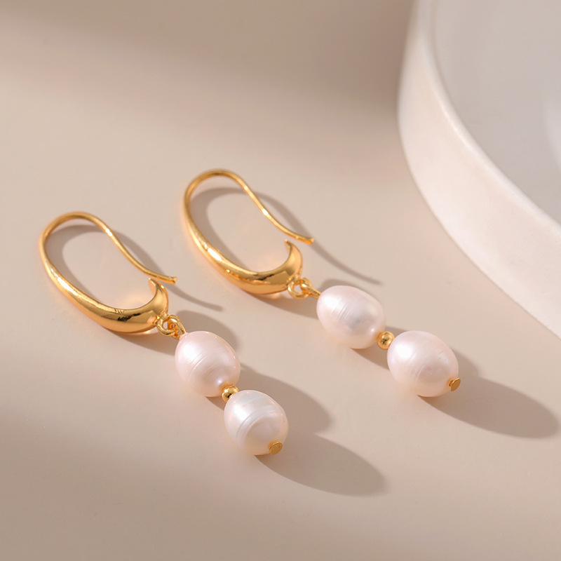 Wholesale Pearl Earrings Jane Retro Long Copper Plated 18K True Gold Earrings