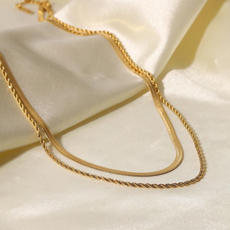 Wholesale 18K Gold Plated Blade Chain Flat Snake Chain Twist Chain Double Layer Necklace