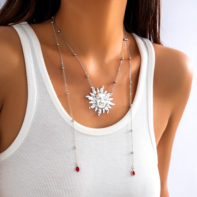 Sun Pendant Vintage Clavicle Chain Tassel Red Water Drop Necklace Women Supplier