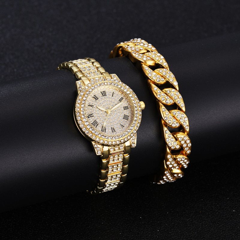 Full Diamond Roman Literal Steel Band Watch Full Diamond Temperament Business Quartz Watch Bracelet Set Wholesalers