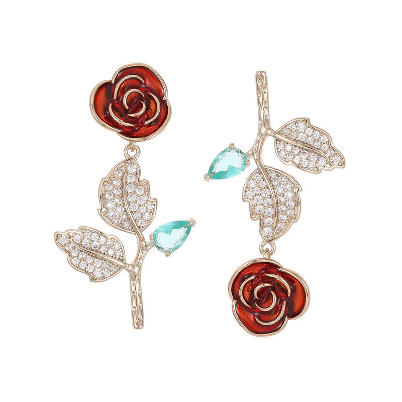 S925 Silver Needle Elegant Earrings Stereo Flower Earrings Red Rose Earrings Wholesalers