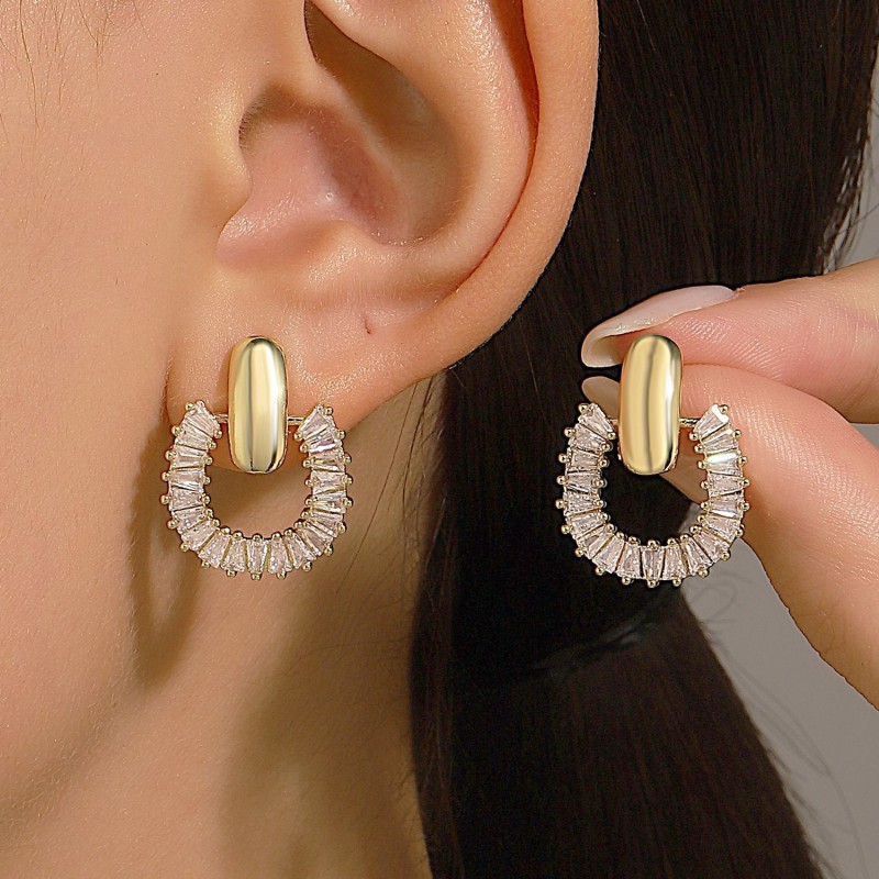 French Light Luxury Full Zirconium Circle Earrings Women Super Flash Geometric Earrings Wholesaler