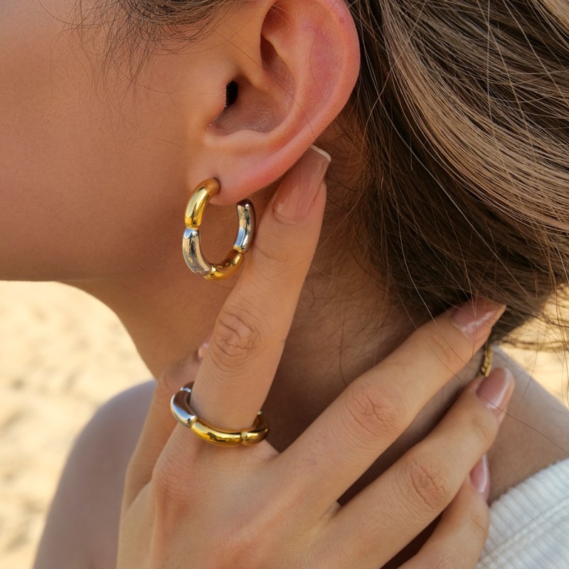 Geometric 18K Gold Stainless Steel Two Color C Shape Flower Earrings Wholesalers