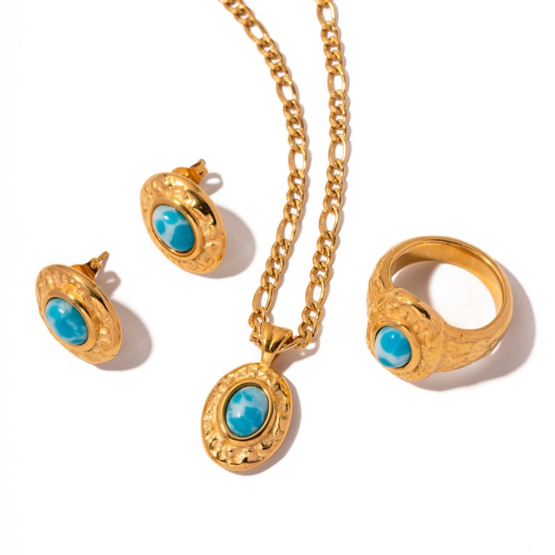 18K Gold Stainless Steel Sea-grain Turquoise Hammer-grain Wide-face Inlaid Sea-grain Turquoise Earring Set