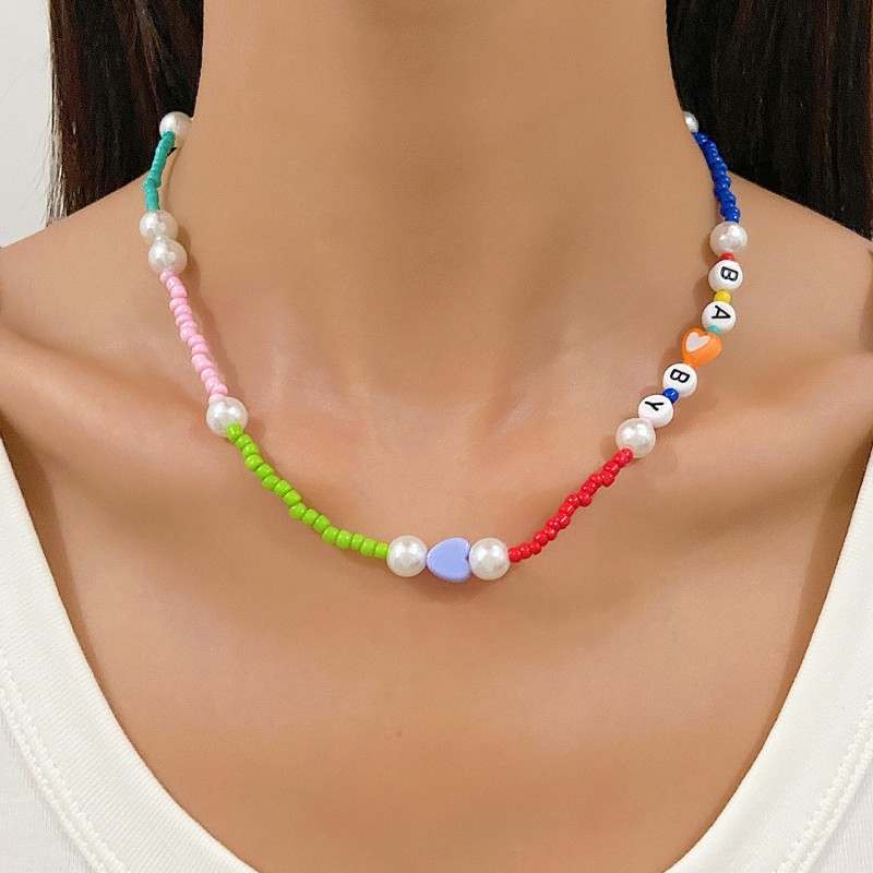 Color Smiley Beaded Necklace Female English Letter Rice Beads Clavicle Chain Love Necklace Wholesaler