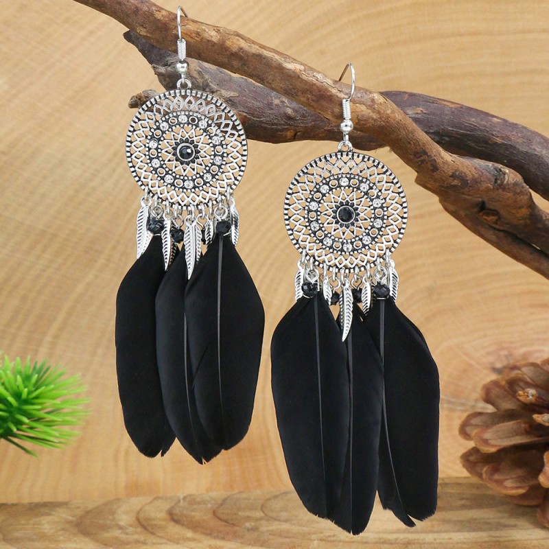 Long Circle Carved Feather Rhinestone Earrings Wholesalers