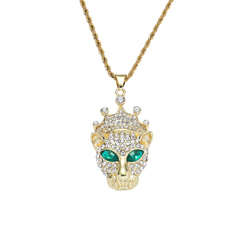 Hiphop Diamond Green Eyes Crown Leopard Head Pendant Hip Hop Necklace Jewelry Wholesaler