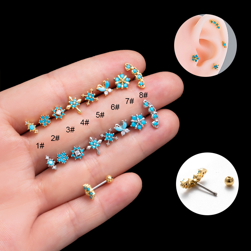 Earth Blue Artificial Stone Stainless Steel Double Head Screws 0.8mm Earrings Wholesalers