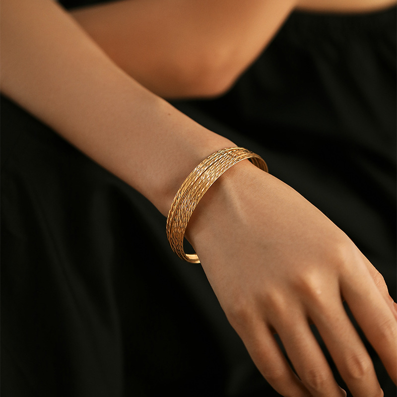 Real Gold Plated Multi-layer Brushed Open Bracelet