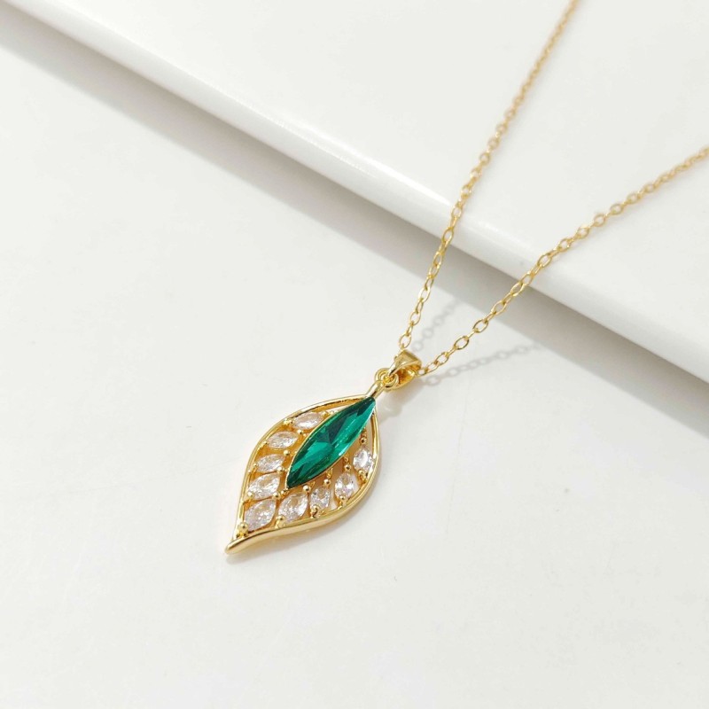 Diamond-encrusted Green Leaf Necklace Earrings