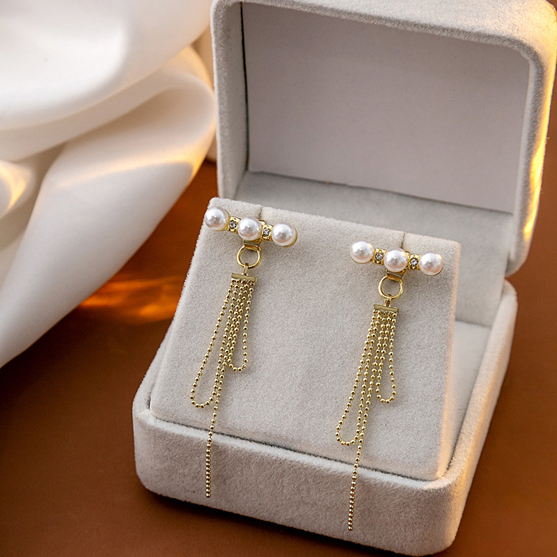 Silver Needle Pearl Asymmetric Tassel Detachable Earrings Wholesaler