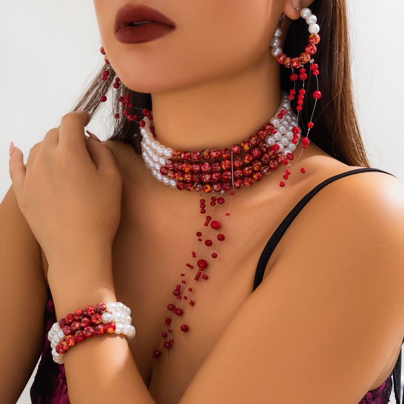 Blood Dropping Multi-Layer Tassel Pearl Necklace Bracelet Body Chain Wholesaler