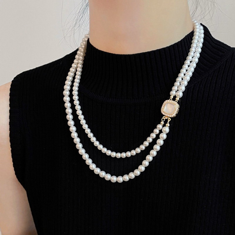 Diamond-encrusted Double-layer Long Pearl Necklace