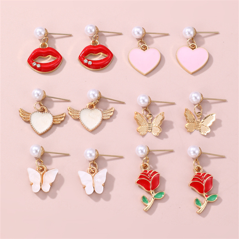 Lips Peach Heart Butterfly Earrings Set Wholesaler