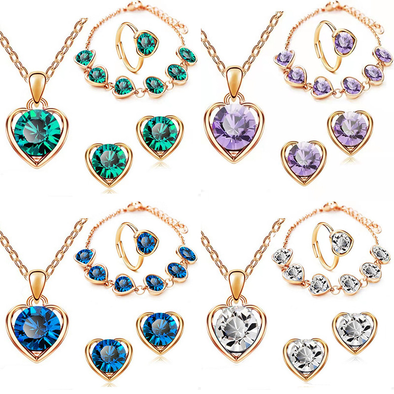 Crystal Heart-shaped Necklace Earrings Ring Bracelet Four-piece Wholesaler