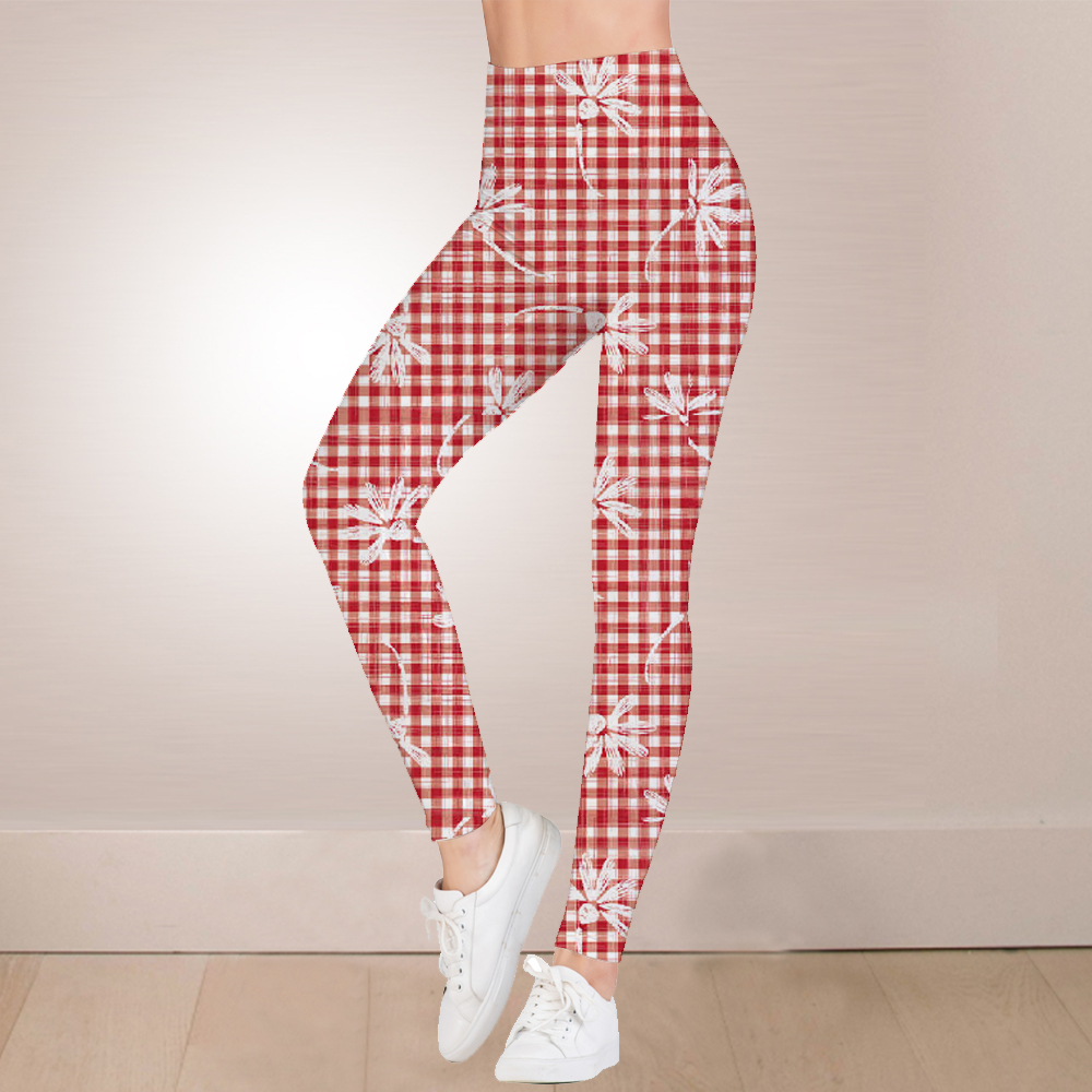 Pink checked floral high waist leggings