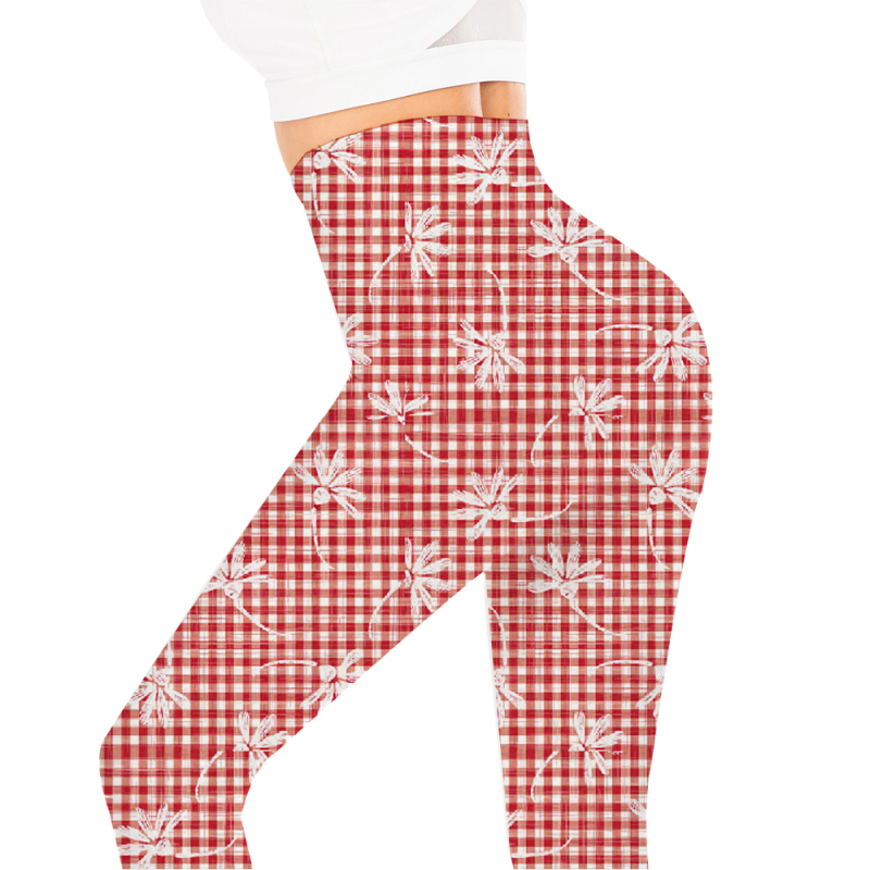 Pink checked floral high waist leggings