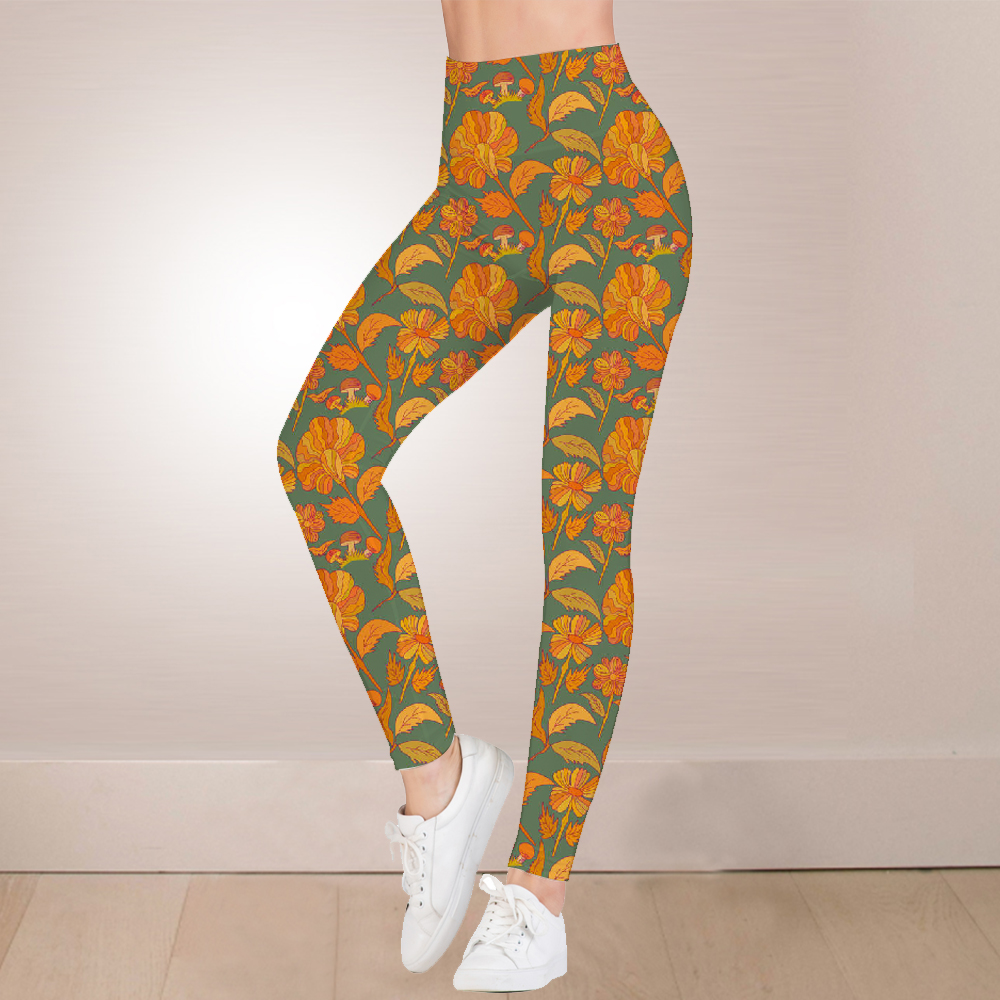 Light green high waist leggings with yellow flowers