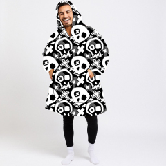 Black and white skull wearable hoodie blanket
