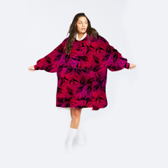 Bamboo leaves with dark red base wearable hoodie blanket