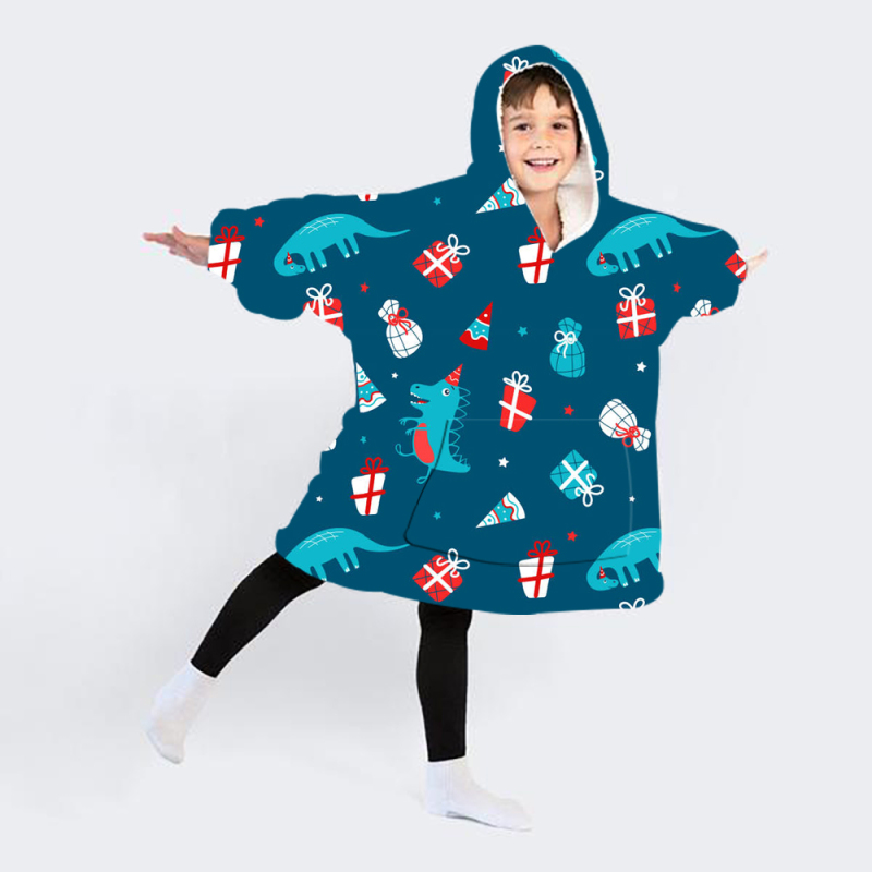Christmas dinosaur with navy blue background wearable hoodie blanket