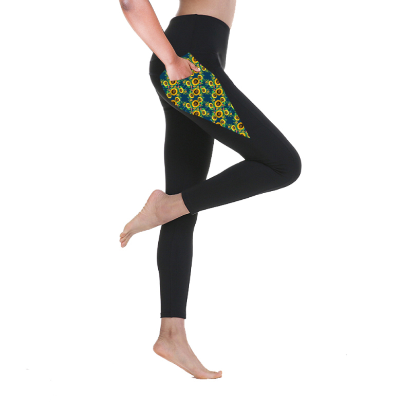 Black green sunflower pocket leggings