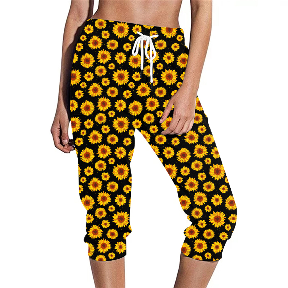 Black-Sunflower printing-capri jogger