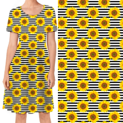 Black and white striped sunflower print dress