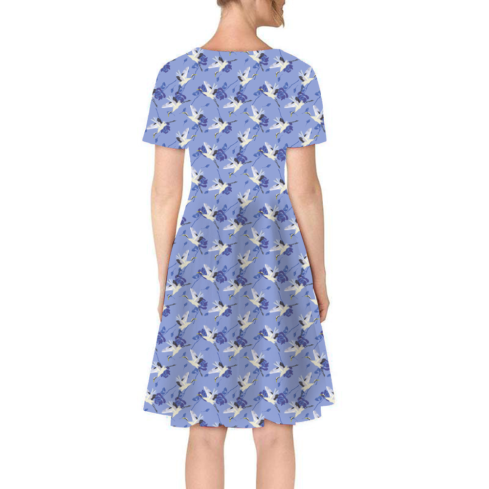 Blue white crane print dress