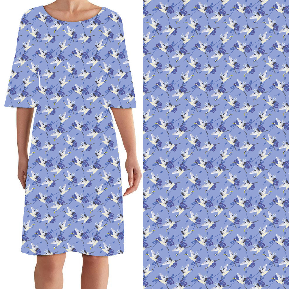 Blue white crane print curie dress