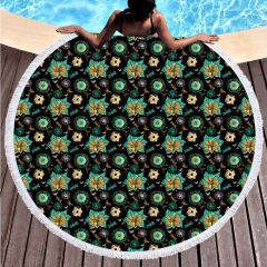 Green flower printing round towel