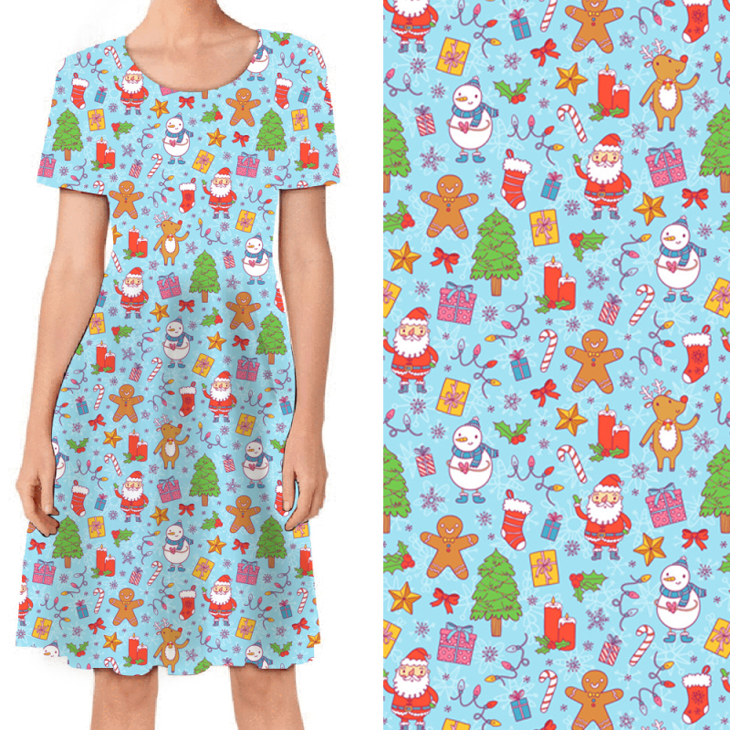 Sky blue Printed Christmas T-shirt dress