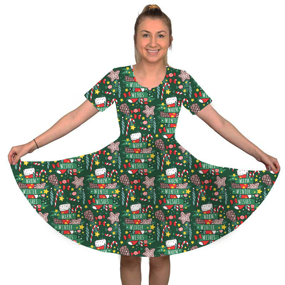 Christmas on a green background printed T-shirt dress