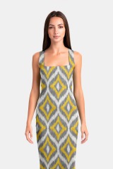 Yellow and grey mixed print package hip dress