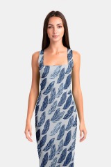 Blue leaf print package hip dress