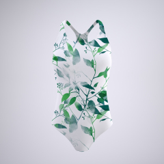 White Background Green Leaf Backless Swimwear