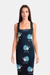 Dark green rabbit print package hip dress