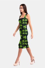 Green four-leaf clover print package hip dress