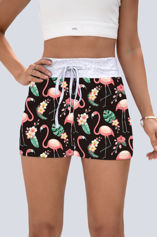 Women's High Waist Flamingo Print Black Comfortable Shorts