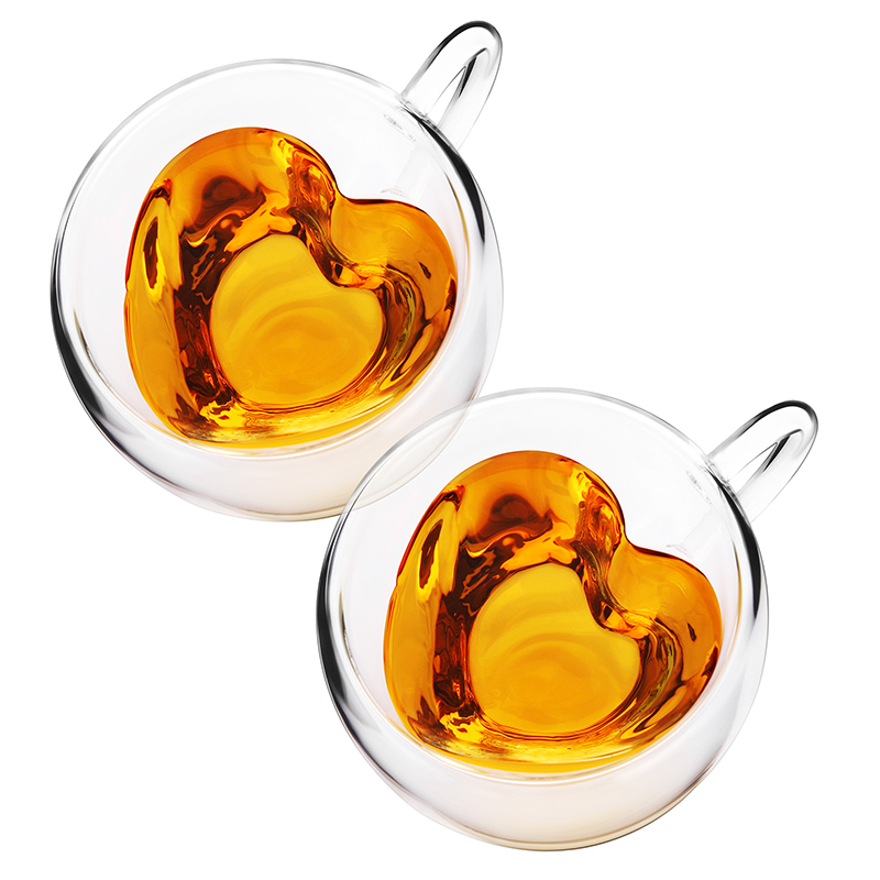 CnGlass 8.5oz. Double Wall Borosilicate Glass Espresso Cup Heart Shaped Glass Coffee Mug With Handle