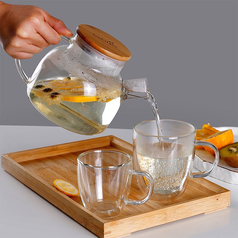 Clear Borosilicate Glass Teapot With Bamboo Lid And Strainer 40.6oz