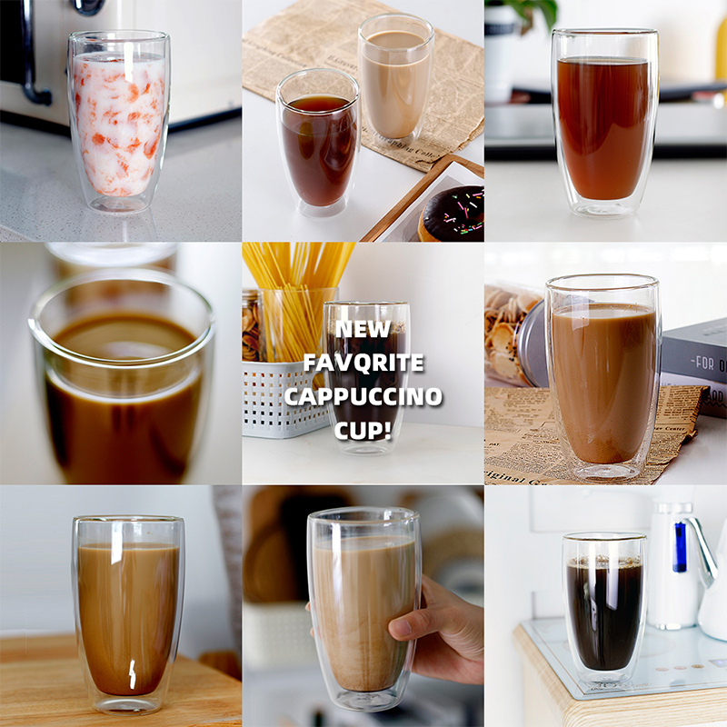 High Quality Borosilicate Glass Milk Cup Double Wall Insulated Glass Coffee Cup13.5oz.