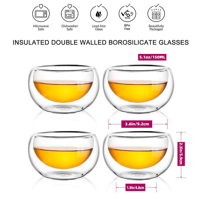 Double Wall Borosilicate Glass Tea Cup Thermal Insulated Glass Bowl For Ice Cream 3.4oz.