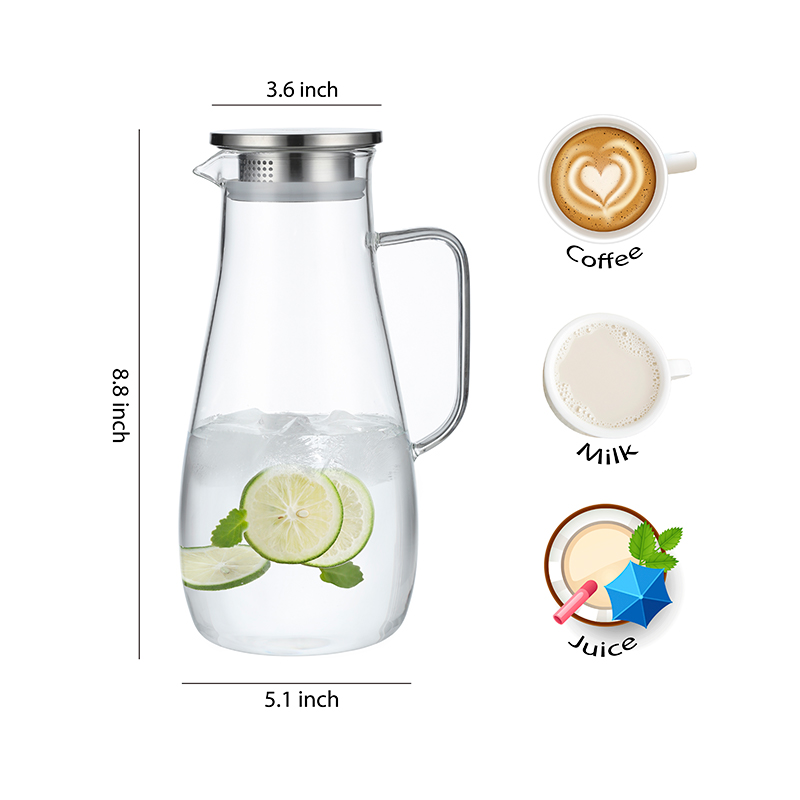 Glass Water Pitcher with Tight Stainless Steel Lid 68oz