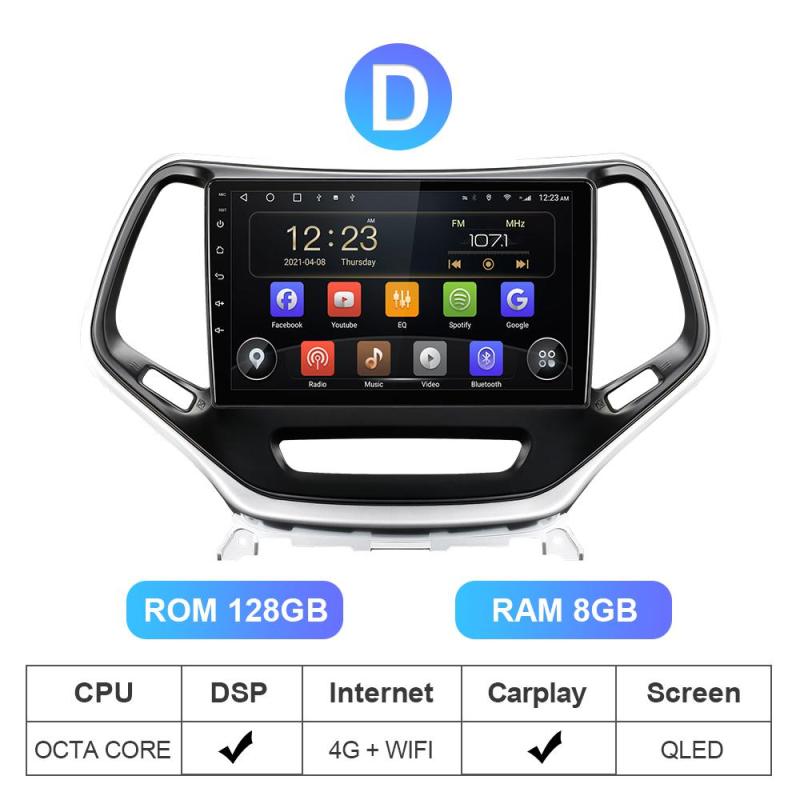 1 Din QLED Car Radio For Jeep Cherokee 5 KL 2014-2018 8GB ROM 128GB