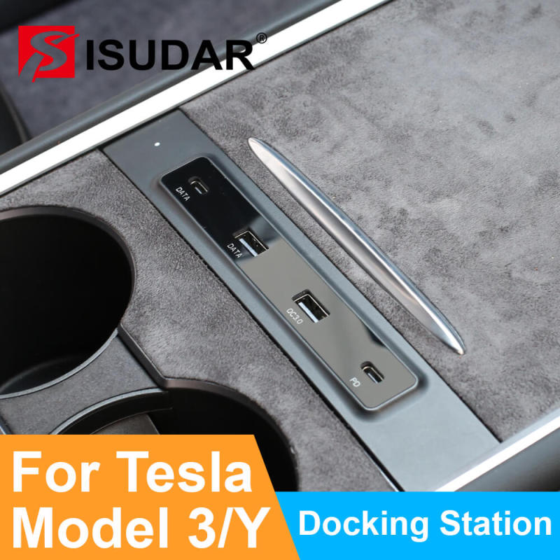 USB HUB For 2021 Tesla Model 3 Model Y USB Splitter Docking Station Extender Fast Charging Data Type-C PD QC For Mobile