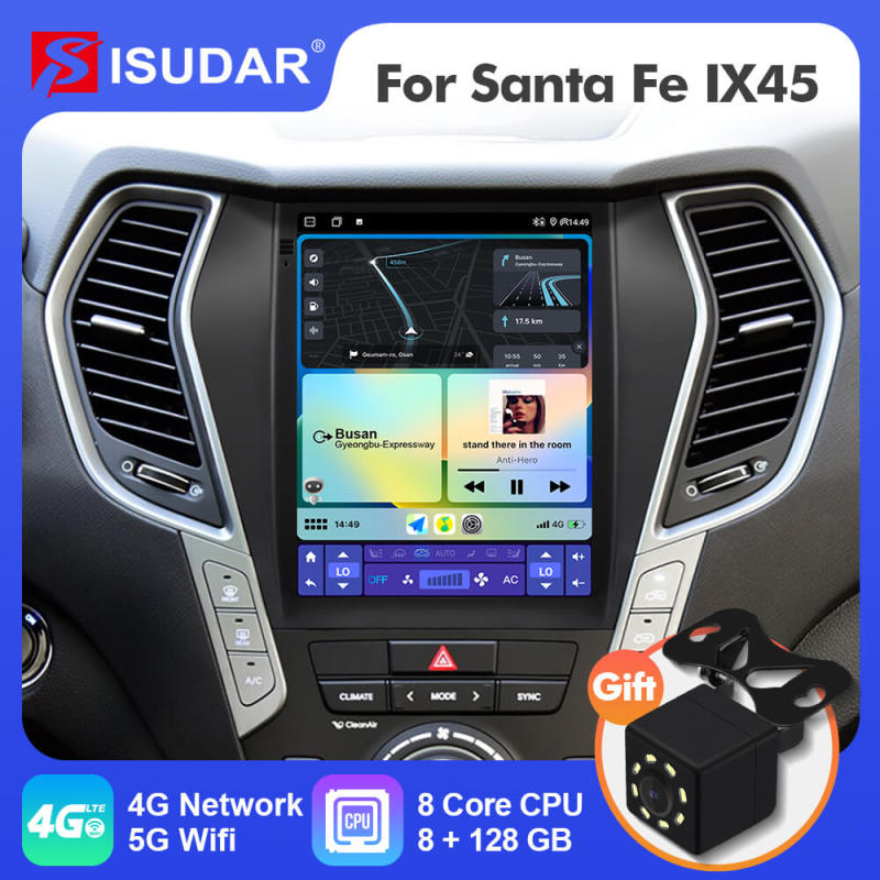 ISUDAR Android 12 Tesla Vertical Car Radio for Hyundai Santa Fe IX45 2013-2018 Auto Multimedia Player